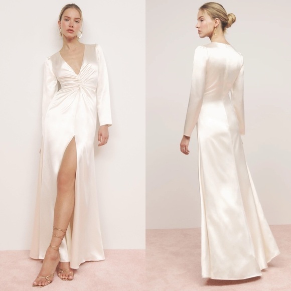 Reformation Dress Delphi Silk Slit Long-Sleeve Wedding Maxi Ivory 2 FLAW - Picture 12 of 14